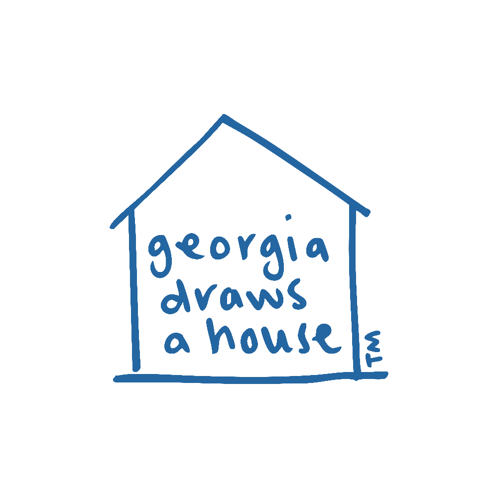 Blue house outline with 'georgia draws a house' text inside on a white background