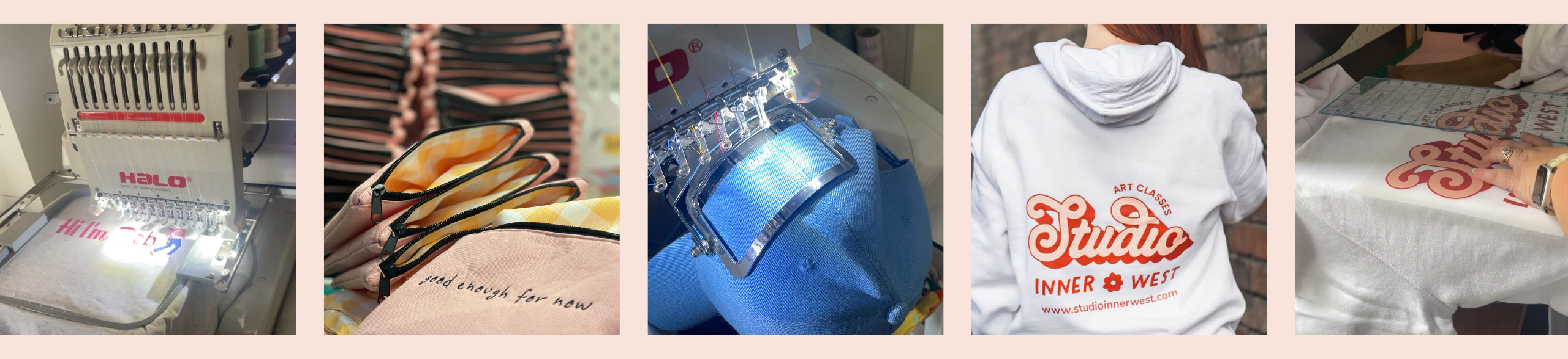 Collage of various products including a hoodie with a logo on a light peach background